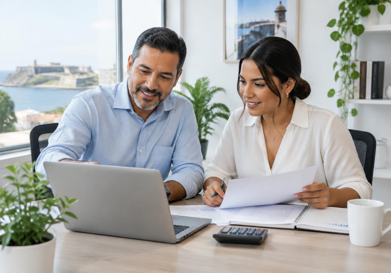 An accountant and business owner reviewing information together